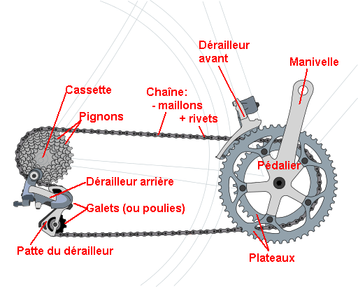 les différentes pièces d'un dérailleur de vélo